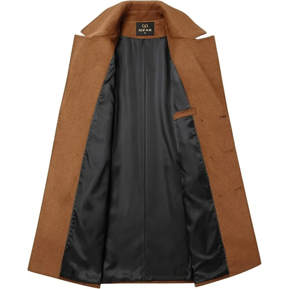 Men's Camel Premium Wool Blend Double Breasted Imported Long Pea Coat